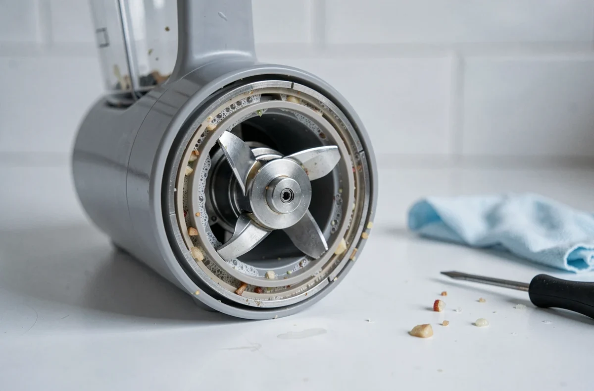Détail du joint et des lames d'un blender chauffant encrassé avec dépôts de calcaire