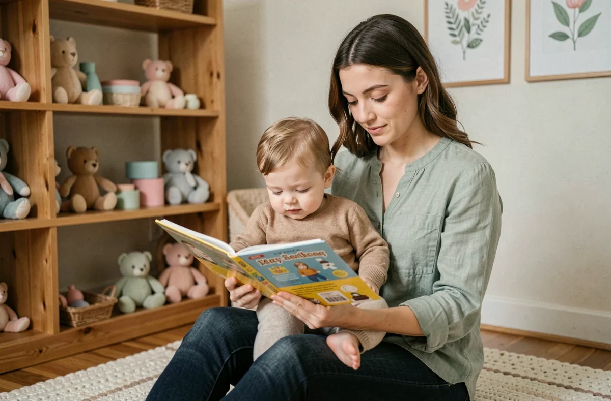 Jeune femme lisant un livre illustré à un tout-petit dans une chambre de bébé moderne et chaleureuse
