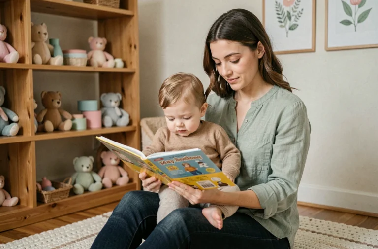 Jeune femme lisant un livre illustré à un tout-petit dans une chambre de bébé moderne et chaleureuse