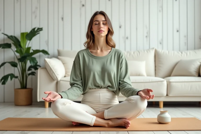 Femme pratiquant la méditation en position assise sur un tapis de yoga en liège dans un salon scandinave minimaliste