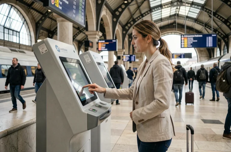 Femme changeant son billet de train sur une borne SNCF en gare