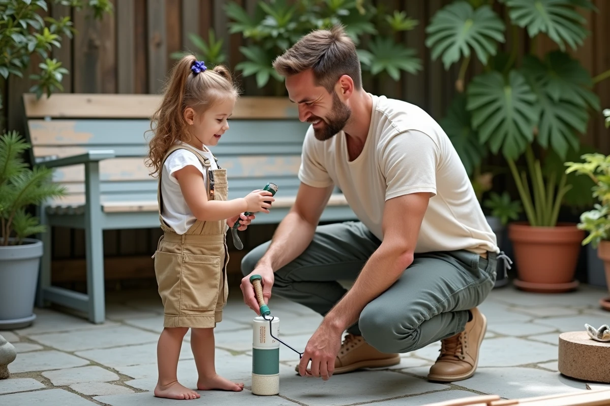 Père et fille peignant ensemble sur un patio
