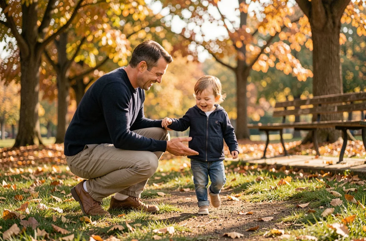 Père aidant son enfant à faire ses premiers pas dans un parc en automne avec des feuilles dorées