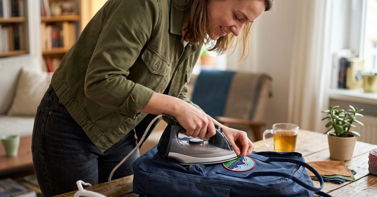 Jeune femme personnalisant son sac à dos avec des écussons brodés colorés dans un appartement cosy