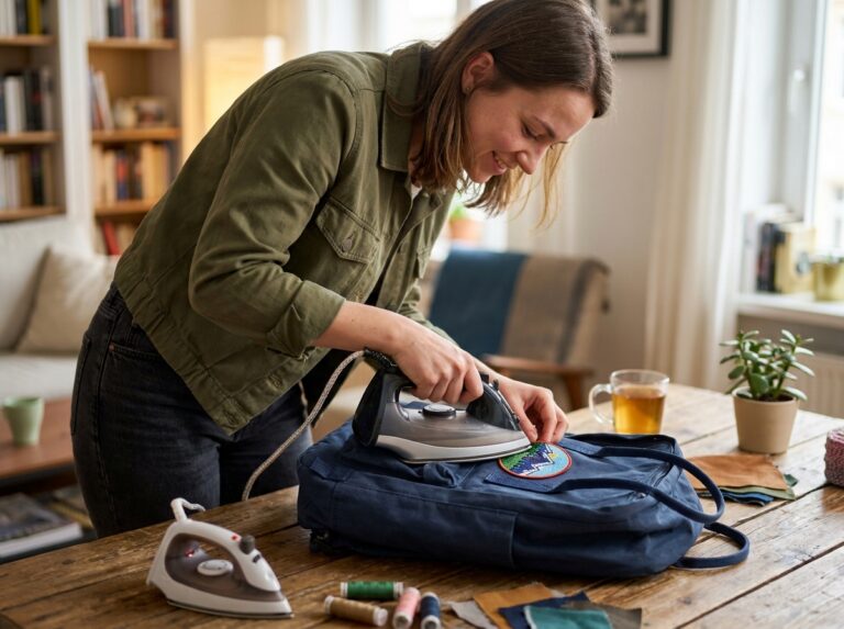 Jeune femme personnalisant son sac à dos avec des écussons brodés colorés dans un appartement cosy