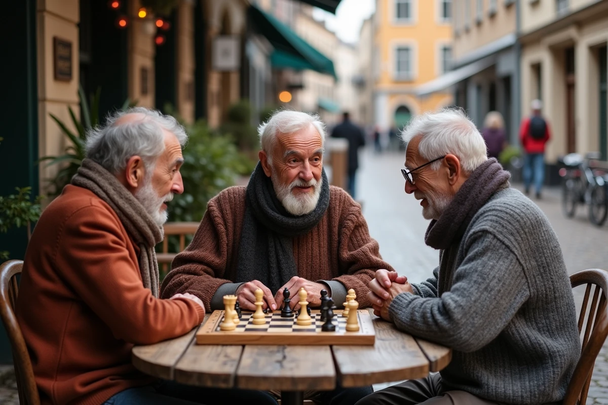Trois personnes âgées jouent aux échecs à une terrasse de café