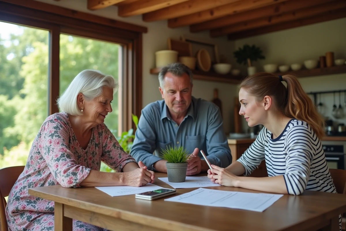Famille de trois générations réunie autour d'une table de cuisine rustique pour planifier une donation patrimoniale avant 61 ans