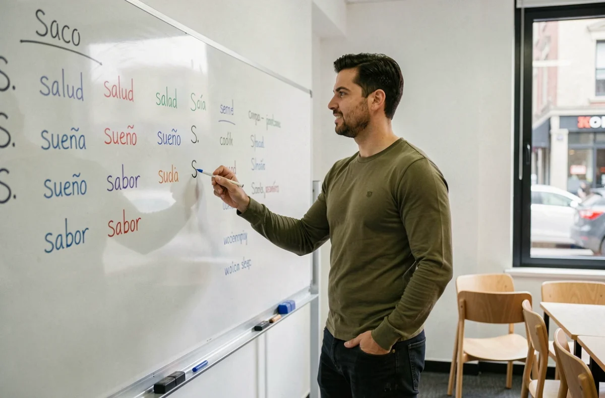 Professeur d'espagnol devant un tableau blanc avec des mots commençant par S écrits en espagnol, cadre de cours de langue moderne