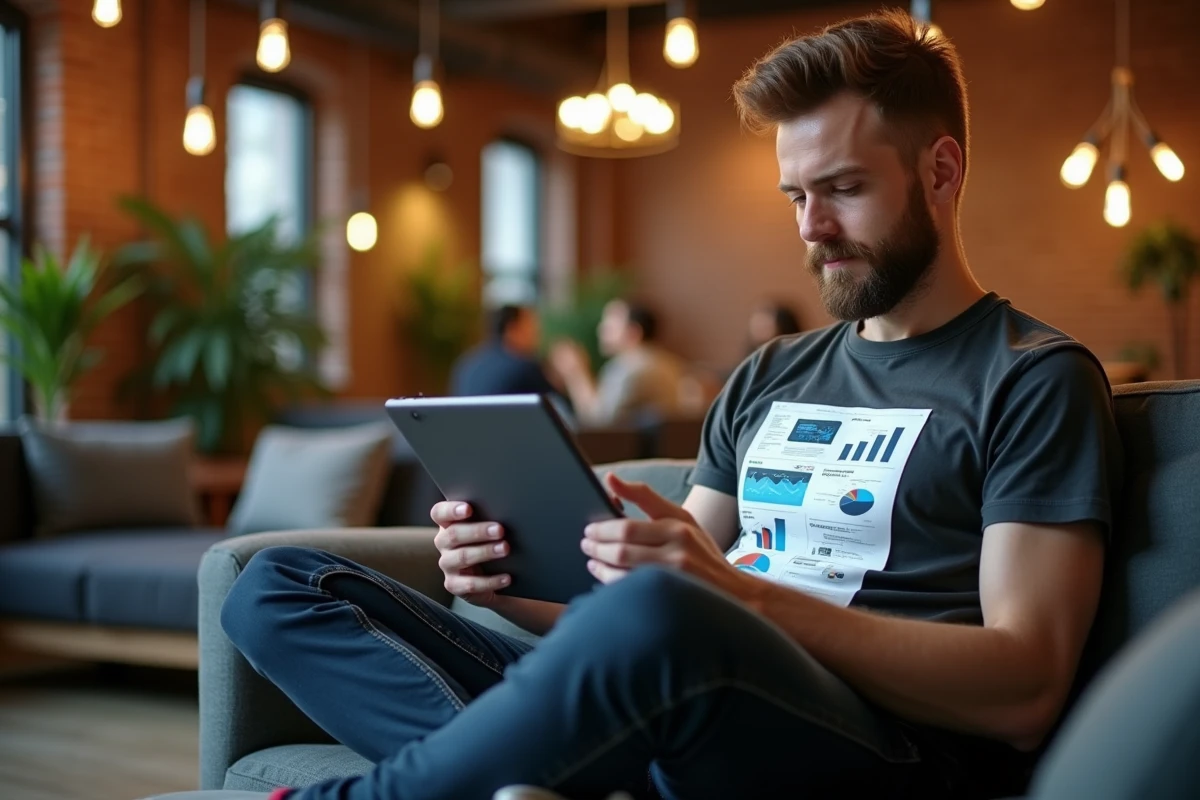 Professionnel créatif analysant des tendances numériques sur une tablette dans un espace de coworking