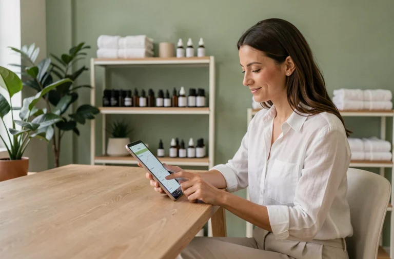 Professionnelle du bien-être consultant des plans de soins sur tablette dans un bureau moderne et apaisant
