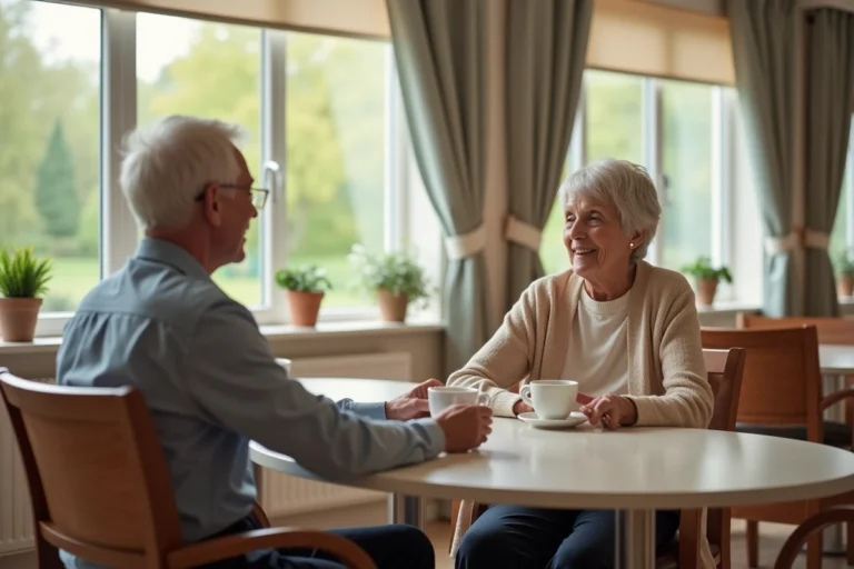 Deux résidentes seniors souriantes discutant autour d'un café dans la salle commune de la résidence Les Diagonales à Bergerac