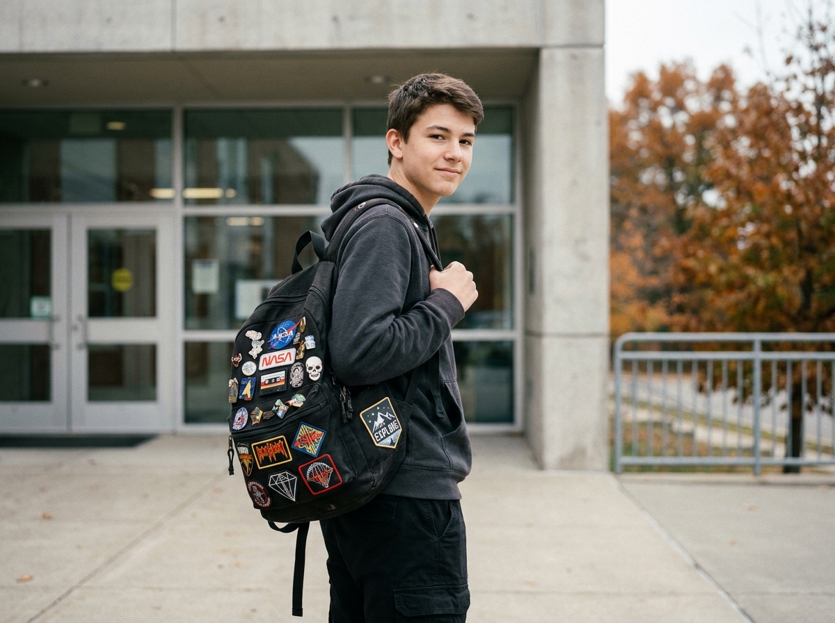 Adolescent avec un sac à dos personnalisé d'écussons et de pins devant une école en automne