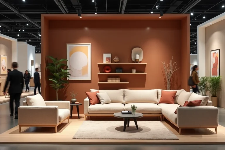 Stand de salon tendances habitat présentant un espace de vie moderne au style scandinave avec canapé en bouclé, étagères en chêne et mur terracotta