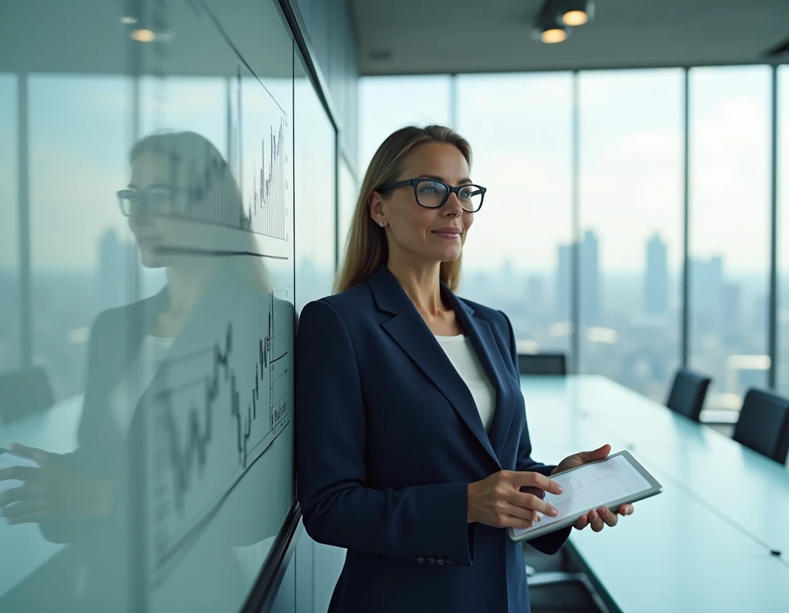 Femme d'affaires présentant une stratégie d'investissement en Bourse sur tableau blanc dans une salle de réunion