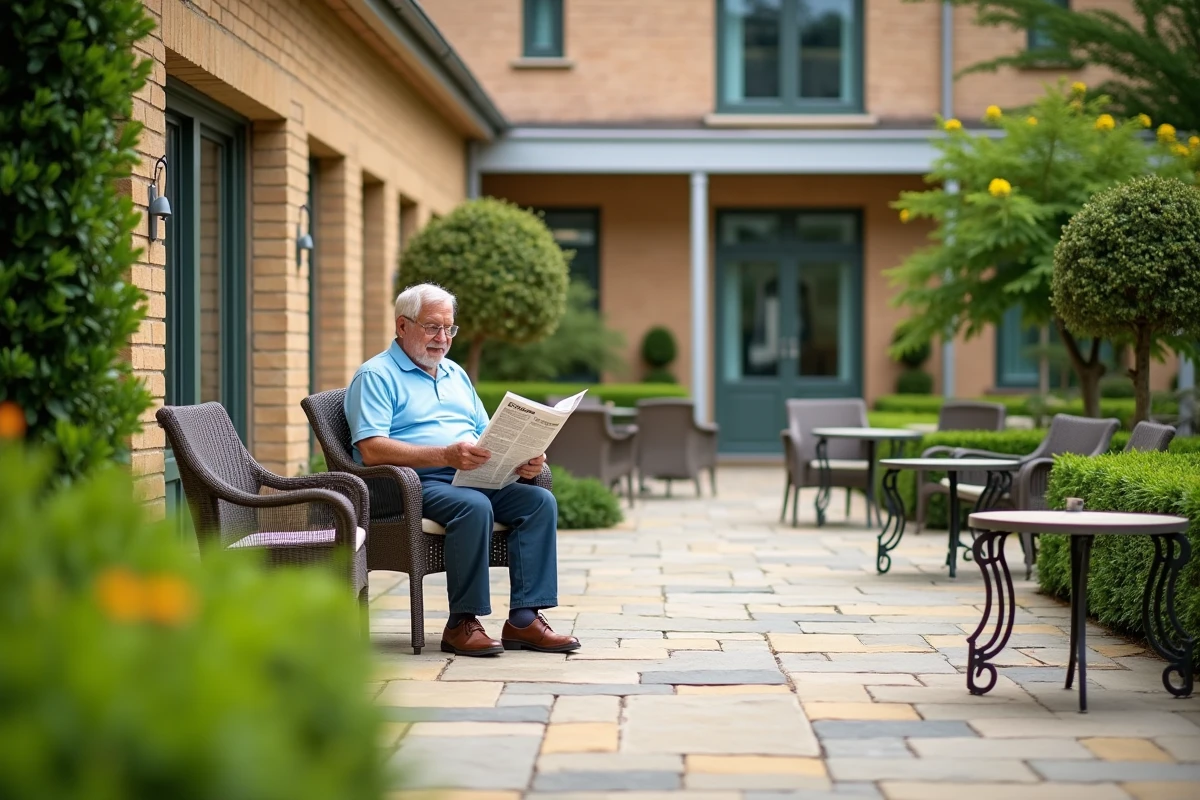Terrasse extérieure aménagée de la résidence seniors Les Diagonales à Bergerac avec jardin verdoyant