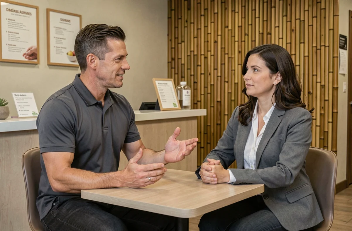 Thérapeute bien-être en consultation avec une cliente professionnelle dans un centre de soins moderne