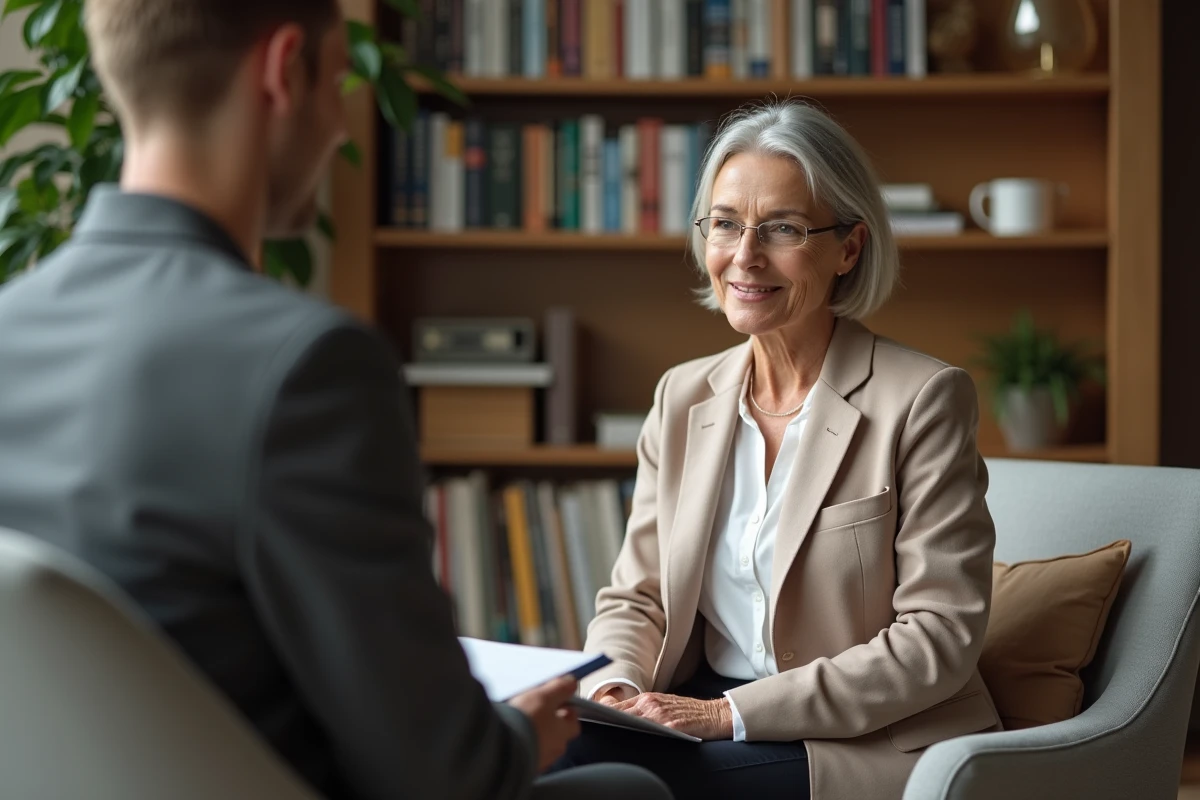 Thérapeute en séance avec un patient pour accompagner les troubles somatiques, cabinet de psychologie avec ambiance professionnelle et bienveillante