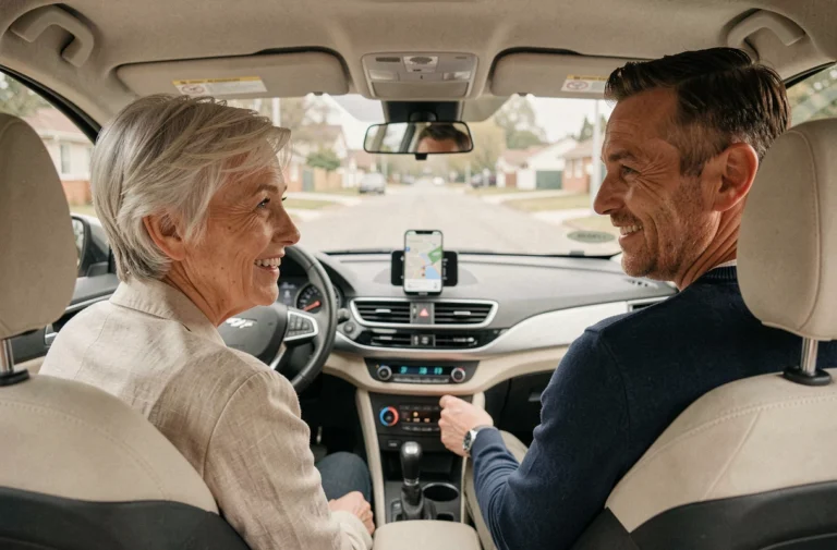 Passagère âgée et conducteur bénévole souriant dans une voiture lors d'un trajet de transport solidaire