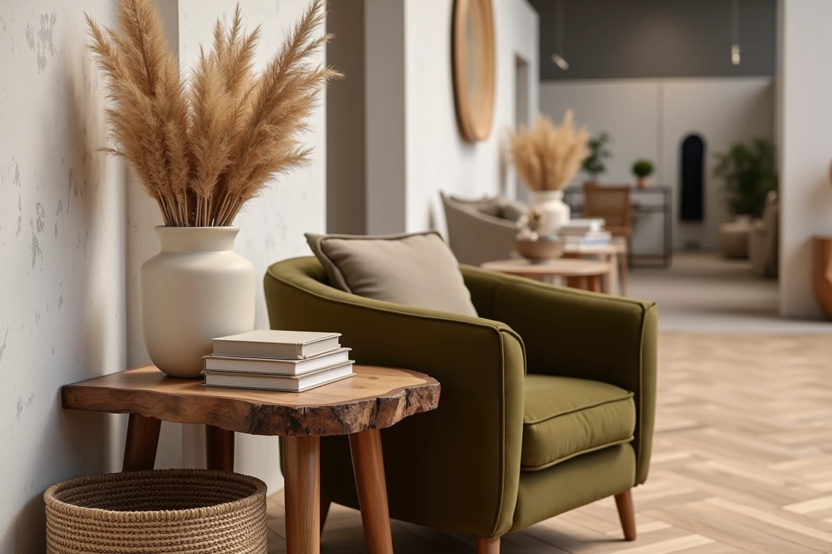 Vignette décorative d'un stand au salon tendances habitat avec table en noyer, vase céramique artisanal, pampa et fauteuil en velours olive