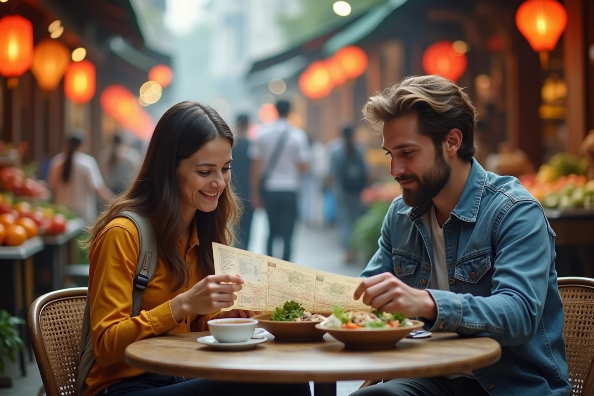 Deux voyageurs consultant une carte dans un marché animé en Asie lors d'un voyage de découverte culinaire et culturelle