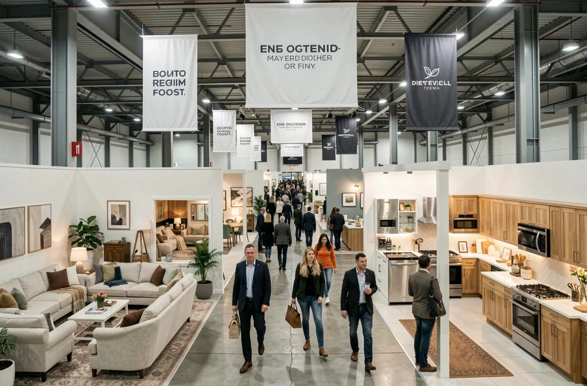 Vue grand angle d'un salon professionnel dédié à la décoration intérieure et à l'aménagement de la maison